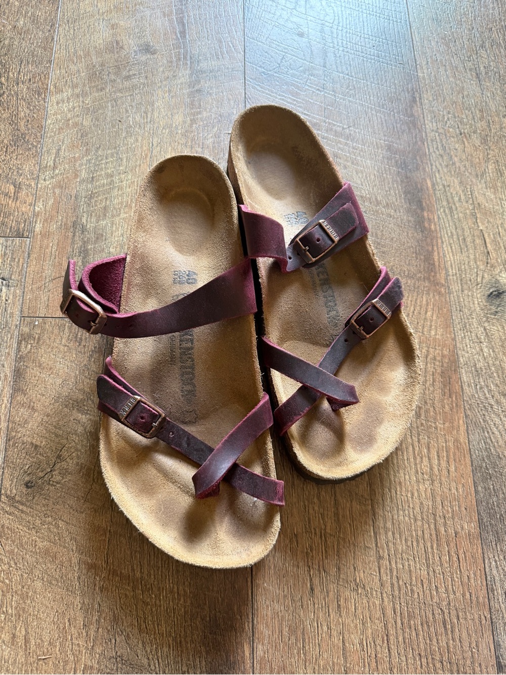 Birkenstock Mayari Burgundy Leather Crossover Strap Sandals